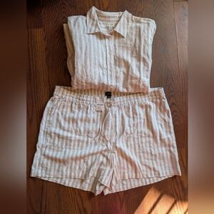 J. Crew Women's Cream Striped Cargo Shorts Long Sleeve Button Down Linen XXL
